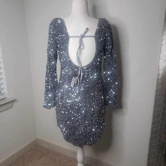 LONG SLEEVE OPEN BACK DRESS SEQUIN GREY/SILVER - Picture 11 of 11